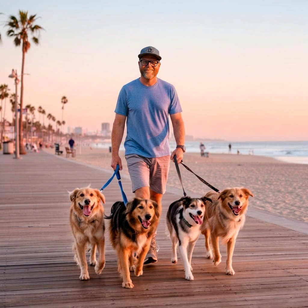 Jeremiah Acerra walking dogs along the Westside coast from Santa Monica to Manhattan Beach